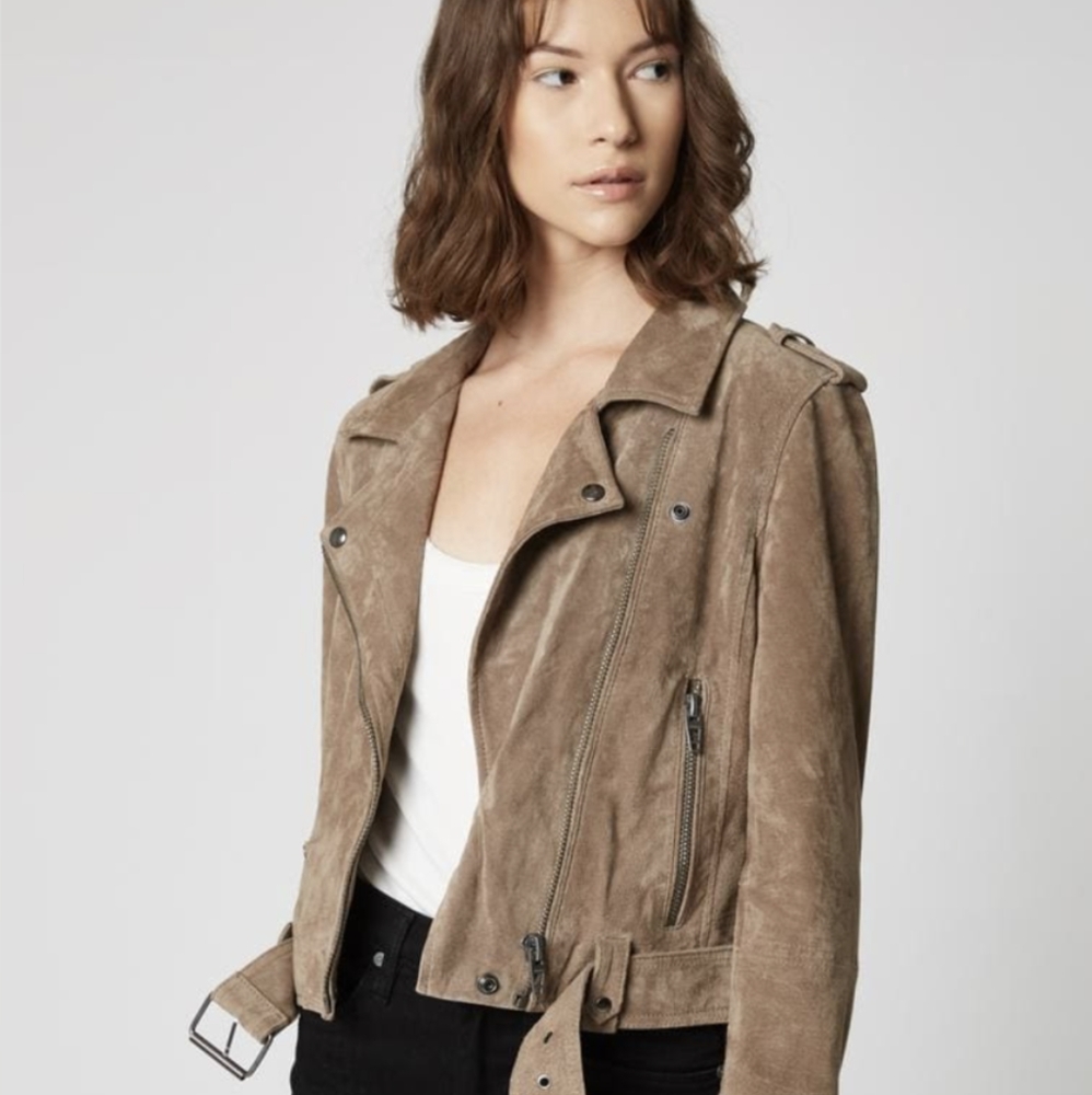 Blank NYC Leather Suede Moto Jacket in French Taupe (Light Brown), Size XS